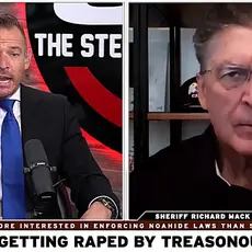 Split-screen image from online video of Stew Peters show, with host Stew Peters on the left and guest Richard Mack on the right.