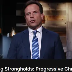 Rob Pacienza, in suit and tie, speaks into camera over text reading "Destroying Strongholds: Progressive Christianity"