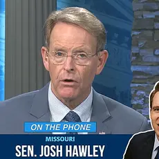 Image shows Tony Perkins on set of his Washington Watch podcast; a photo of Sen. Josh Hawley is placed on the lower right of the screen to accompany the audio of his interview with Perkins