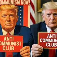 Side by side images, one a photograph and one an illustration, showing Donald Trump looking into the camera and holding a sign that reads "ANTI COMMUNIST CLUB." The illustrated version includes the text "FIGHT COMMUNISM NOW" across the top of the image.