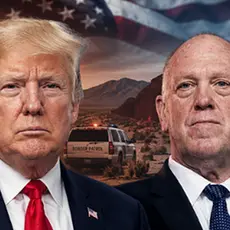 Photo illustration from online fundraiser shows head-and-shoulders images of President Donald Trump and Tom Homan side-by-side; behind them are images of the U.S. Capitol and the border wall. The US flag appears in the sky above them. 