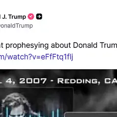 Screenshot of Trump post to Truth social. Text reads "Kim Clement prophesying about Donald Trump, 2007 and includes link to YouTube video that excerpts "prophetcies" made by the late Kim Clement