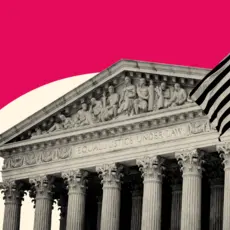 Stylized picture of the Supreme Court against a red background