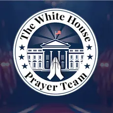 Image of The White House Prayer Team logo: Illustration of praying hands and a cross superimposed over the White House, surrounded by a circle containing stars and the words The White House Prayer Team