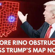 Graphic from online fundraising page shows Trump gesturing at a map of Indiana. Text reads NO MORE RINO OBSTRUCTION. PASS TRUMP'S MAP NOW!