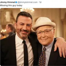 Social media post by Jimmy Kimmel reads "Missing this guy today" over photo of Kimmel with his arm around the late Norman Lear, both of them smiling for the camera.