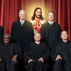 The Supreme Court Justices posing for a photo with Jesus Christ in the back and middle