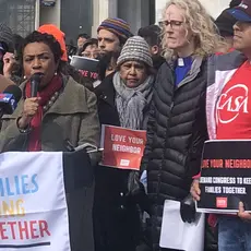 Rep. Yvette Clark speaks at an immigration rally at the Capitol Building on March 6, 2019.