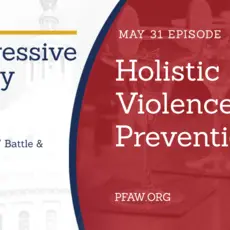 A title image saying: The Progressive Happy Hour with hosts Christin "Cici" Battle and Diallo Brooks; May 31: Holistic Gun Violence Prevention
