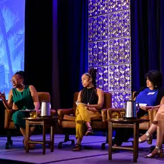 The YEO Network National Convening 2019 panel, titled "“The Role of Philanthropy in Supporting Progressive Governance and Policy Implementation." Left to right: Lateefah Simon of the Akonadi Foundation, Tynesha McHarris of NoVo FoundationNina Ahmad of the Donors of Color Network, and Leah Hunt-Hendrix of Way to Win