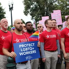 The Gay Men's Chorus of Washington sings the national anthem outside of the Supreme Court
