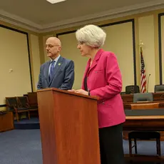Executive VP Marge Baker addresses press conference in advance of historic first hearing of the Democracy for All Amendment