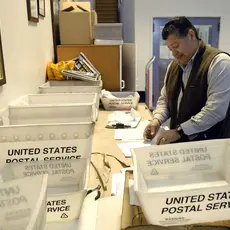 Postal worker sorts mail