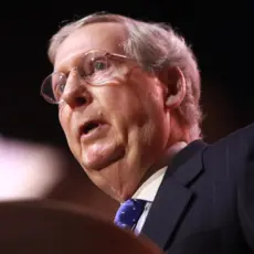 A close-up of Mitch McConnell's face during his speaking remarks at the 2014 CPAC.