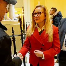 Sen. Amanda Chase, R-Chesterfield, shakes hands with a gun advocate in the Virginia state Capitol on Jan. 20, 2020. Photo by Jeffrey Knight