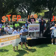 People For President Ben Jealous speaks at a rally on August 24, 2021. "No More Excuses: Voting Rights Now!"
