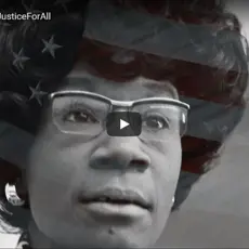 A picture of Shirley Chisholm, a still from the "Justice For All" video.