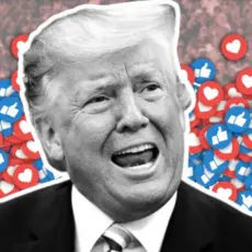 A picture of Donald Trump in front of a bunch of social media icons.