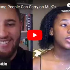 Video still of Svante Myrick speaking with Yolanda King.