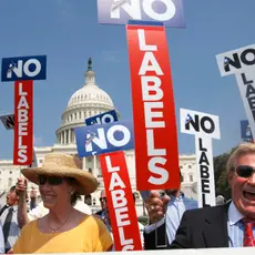 John Holman, of Denver, Colo., right, and others with the group “No Labels” take part in a rally on Capitol Hill in Washington, July 18, 2011. The State Board of Elections voted 4-1 on Sunday, Aug. 13, 2023, to recognize the No Labels Party as an official North Carolina party following a successful petition effort. (AP Photo/Jacquelyn Martin, File)