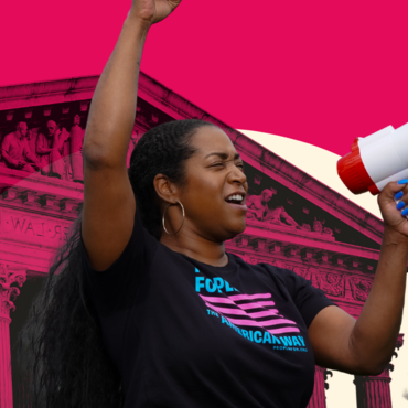Woman holding a bullhorn in front of a red photo of the Supreme Court